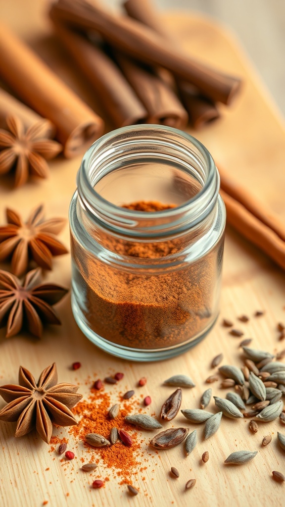 Homemade Chinese Five Spice Powder Recipe A jar of homemade five spice powder with whole spices like star anise, cloves, and cinnamon on a wooden board.